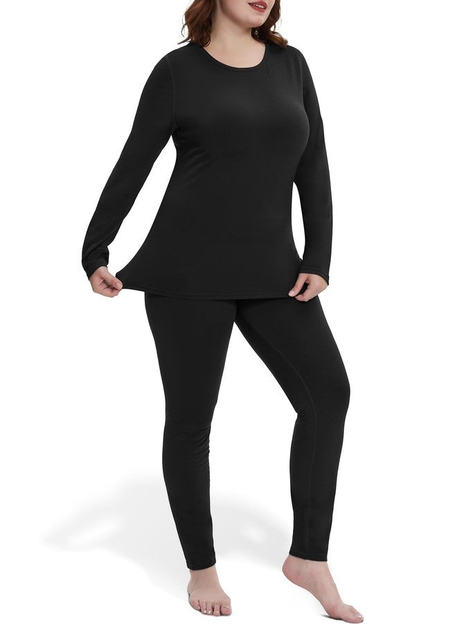 FOREYOND Plus Size Thermal Underwear for Women Long Johns Fleece Lined Base Layer Pajama Top and Bottom Sets, Black, 5XL - Image 1